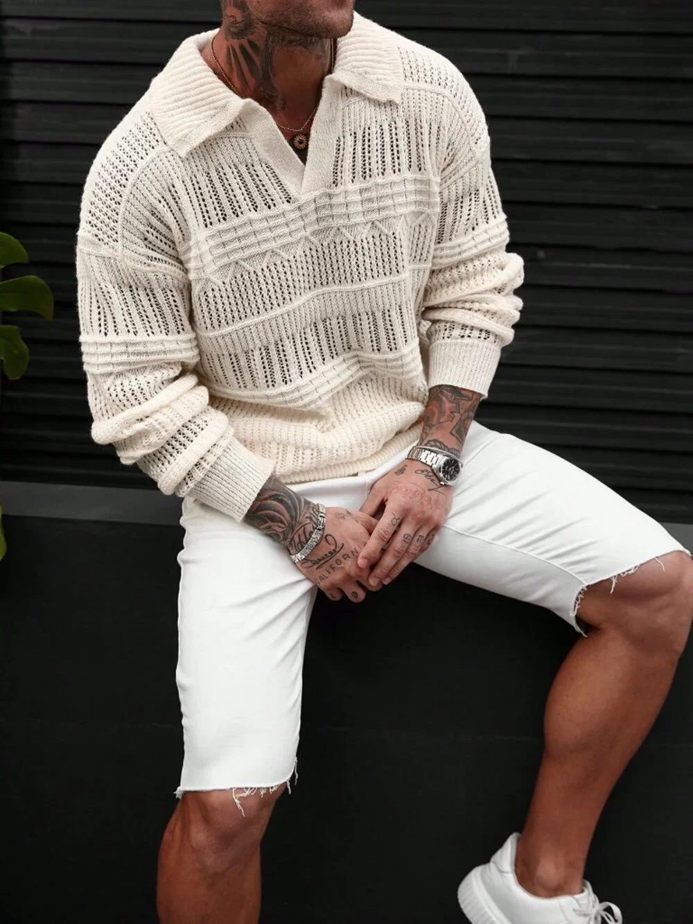 Multicolor Casual Men's Loose Drop Sleeve Rib-Knit Hollow Out Sweater